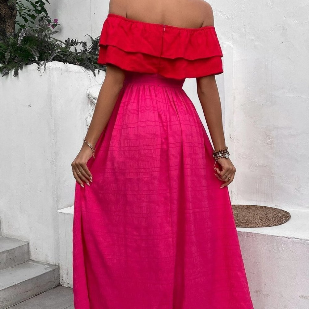 Red Preppy Womens Off Shoulder Ruffle Trim Dress - Picture 3 of 5